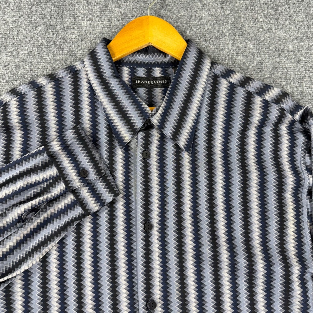 Jhane Barnes Silk Button Down Shirt Mens XL Blue Black Zig Zag Long Sleeve